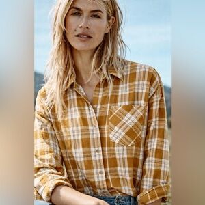 Garnet Hill Yellow Brown Plaid Button Down Shirt Sz 18 Relaxed Fit Preppy Chic